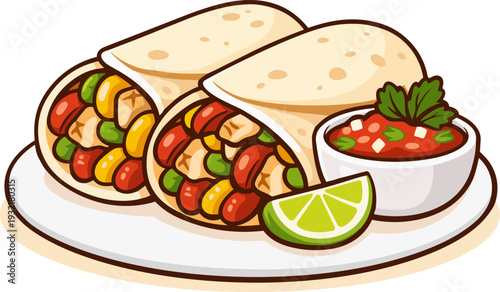 Illustration of two chicken fajitas filled with colorful bell peppers and grilled chicken pieces, served with a bowl of fresh tomato salsa and a lime wedge on a plate. 
