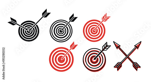 Group of archery targets with multiple arrows hitting the center and two crossed bows nearby.