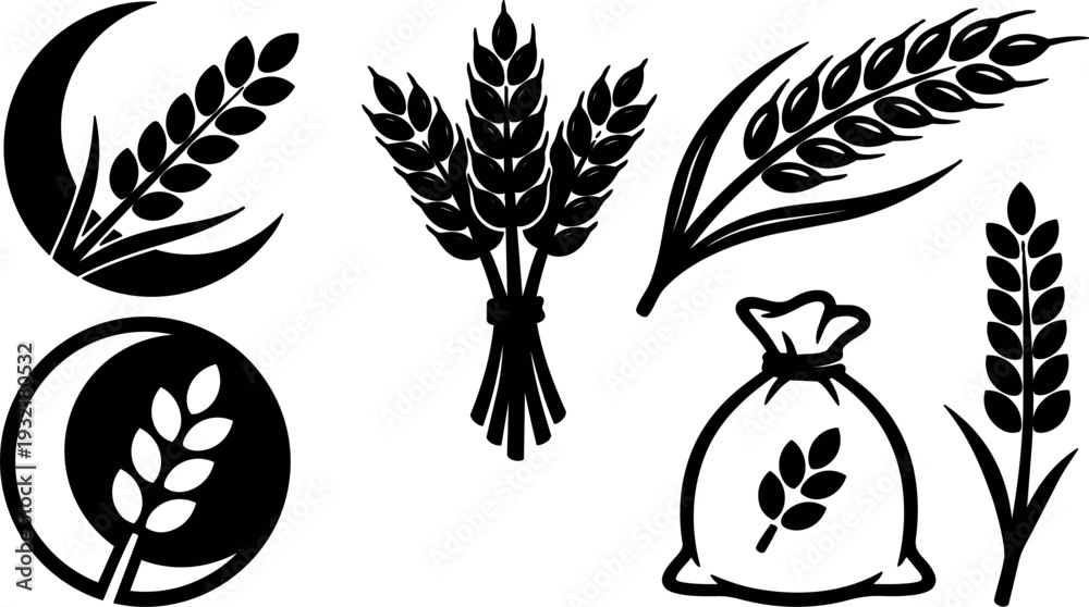 Obraz premium Flat design close up wheat icons bundle showing stalks ears and grain bag in simple bold silhouette black isolated style