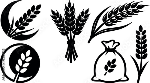 Flat design close up wheat icons bundle showing stalks ears and grain bag in simple bold silhouette black isolated style