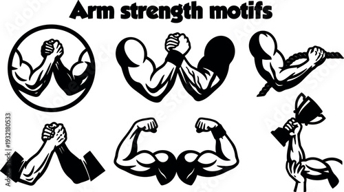 Vintage tattoo flash arm strength motifs muscular arms flexing biceps arm wrestling gripping hand holding rope banner retro black silhouette