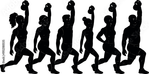 Silhouette motion study sequential figures showing male running gait from profile in vintage vector art high contrast black on white