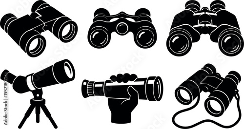 Flat design binocular and telescope icons set six silhouettes close up handheld and tripod view vintage style high contrast black