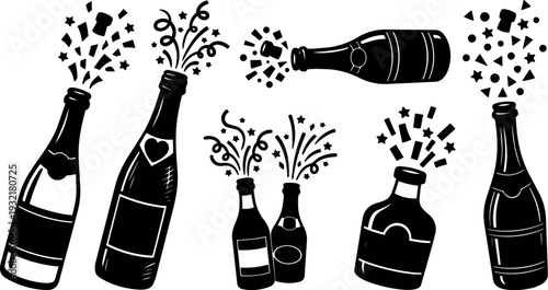 Flat design close up champagne bottles popping confetti celebration set with silhouettes and spray motion lines black party icon vector