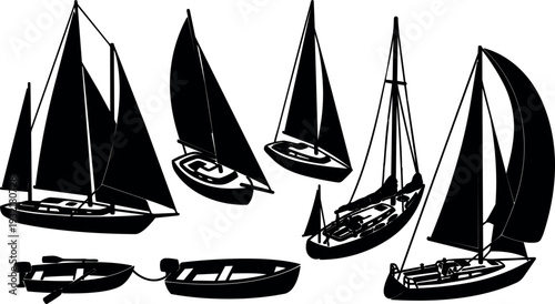 Flat silhouette vector art aerial view multiple sailboats and dinghies clustered on calm water black and white side view sails