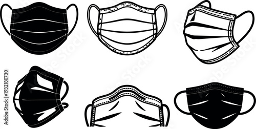 Line art medical mask icon set six angles surgical and respirator face coverings front and three quarter views black white