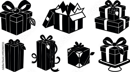 Flat design silhouette gift box icons eight variations close up ribbon bows assorted angles top view minimalist vector set collection