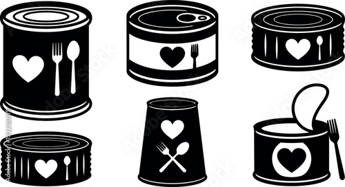 Minimalist flat design canned food icons set six black silhouettes with heart and cutlery symbols for pantry charity label packaging