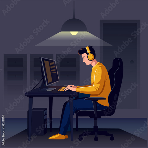 Man studying late at night on computer