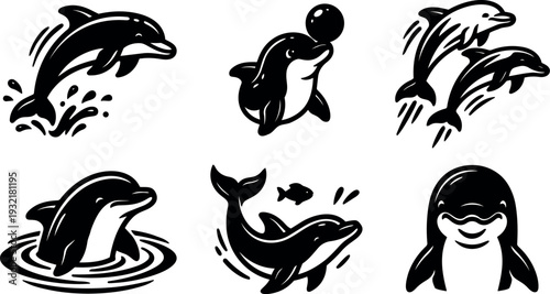 Tattoo flash dolphin silhouettes leaping and smiling close up set of six black vector icons with splash accents playful profile