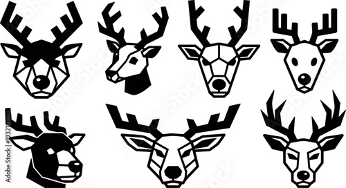 Geometric line art deer head icon set eight stylized faces frontal and three quarter angles bold black silhouettes vector minimal