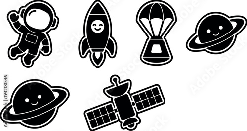 Playful monochrome sticker style vector set with astronaut rocket planet satellite parachute capsule smiling faces in outline bold black stickers