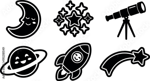 Doodle icon set with smiling moon stars telescope planet rocket and shooting star in simple monochrome line art sticker icons