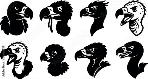 Silhouette close up eagle and vulture head profiles with hooked beaks open beak set for logo and mascot vector black