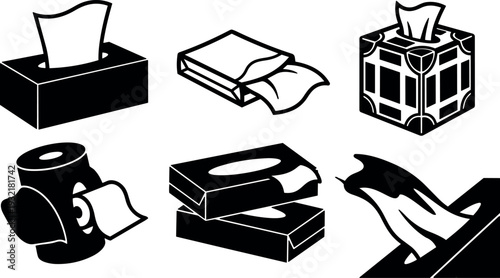 Flat icon set close up tissue boxes and toilet paper rolls shown in multiple angles with folded tissue minimalist