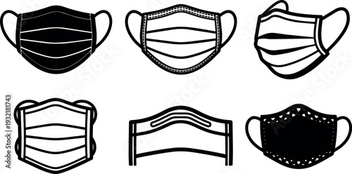 Line art close up six medical face mask icons front and angled views simple black and white vector set collection