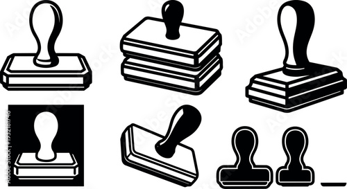 Flat design close up rubber stamp icons set in black outline top view office stationery vintage classic impression handheld collection