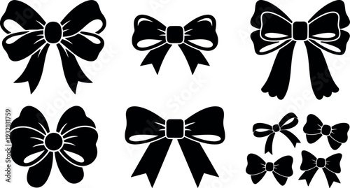 Flat design bow icons set close up various ribbon bows vector silhouettes isolated black on white minimal icon collection sheet