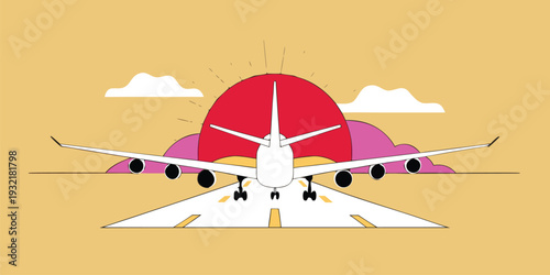 flat design illustration of a passenger airplane taking off from the runway during a vibrant sunset