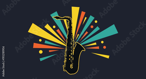 Colorful abstract rays radiate behind a black saxophone silhouette creating a vibrant jazz music background on a dark stage