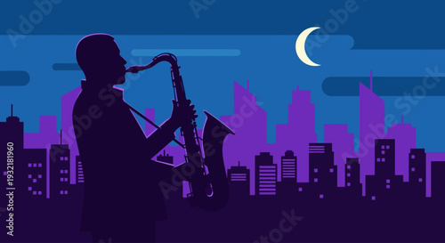Silhouette jazz saxophonist performs music against a glowing city skyline at night celebrating jazz appreciation month