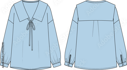 Women's fashion flat technical drawing sketch template of a sailor-collar blouse with front tie closure, voluminous sleeves, and cuff detail, vector illustration.
