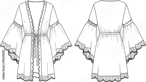 Women's fashion flat technical drawing sketch template of a short lace-trimmed robe with wide bell sleeves and front tie belt, vector illustration.