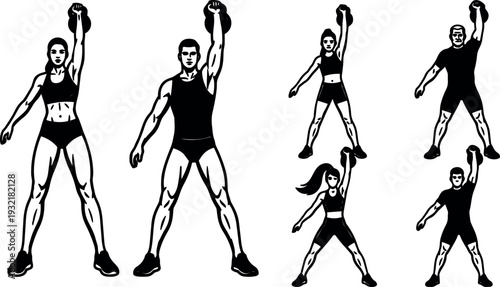 Line art fitness silhouettes performing kettlebell overhead lift multiple poses front and side view minimalist black vector set studio illustration