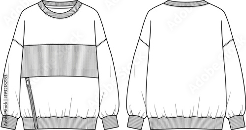 Women's fashion flat technical drawing sketch template of an oversized sweatshirt with wide rib paneling, oblique zip detail, and drop shoulders, vector illustration.