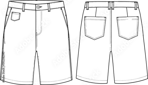 Women's fashion flat technical drawing sketch template of classic tailored Bermuda shorts with front coin pocket and back patch pockets, vector illustration.