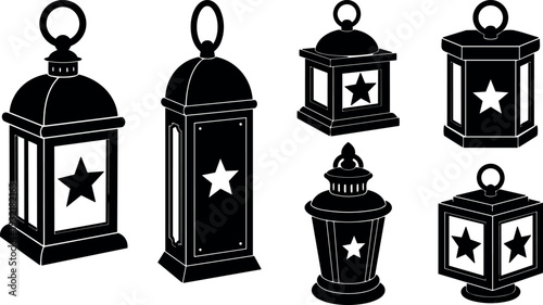 Flat design vintage star lantern silhouettes set six antique metal hanging and table top lanterns black vector icons decorative collection