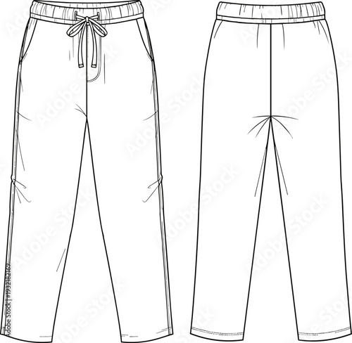 Women's fashion flat technical drawing sketch template of wide-leg sweatpants with elastic drawstring waist and side pockets, vector illustration.