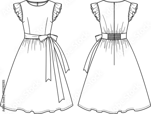 Women's fashion flat technical drawing template of a fitted flared dress with flutter sleeves, bow belt, and shirred elastic back waist, vector illustration.