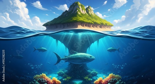 Underwater scene with island and marine life