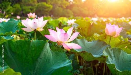 Pink lotus flowers bloom amidst green lily pads, illuminated by a warm, golden sunrise