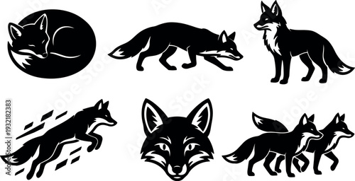 Vector silhouette wolf icon set six poses close up head running stalking trio pack simple black graphic minimalist bold flat