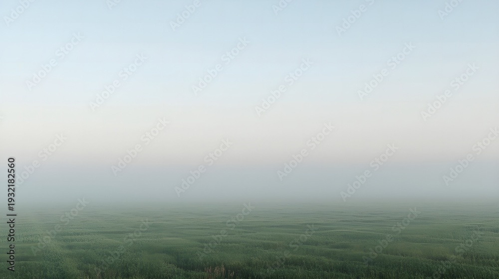 Fototapeta premium Morning mist over green fields with soft fog and minimal horizon landscape