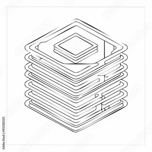 Conceptual hand-drawn stack of abstract square layers, symbolizing data organization and technological components in a modern digital context