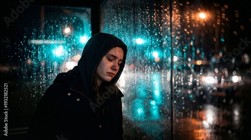 Dramatic Night Portrait of a Heartbroken Teenage Girl Crying Behind Rain-Streaked Glass
