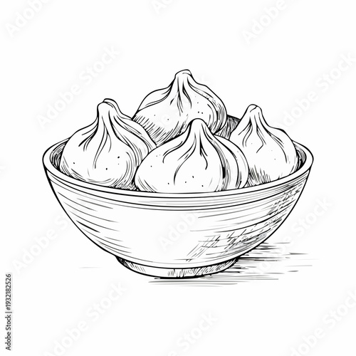 Bowl of dumplings sketch illustration in black and white hand-drawn