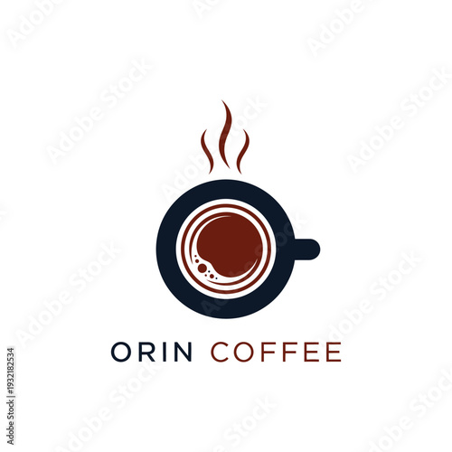Top view steaming coffee cup logo for cafe roastery and restaurant Orin Coffee