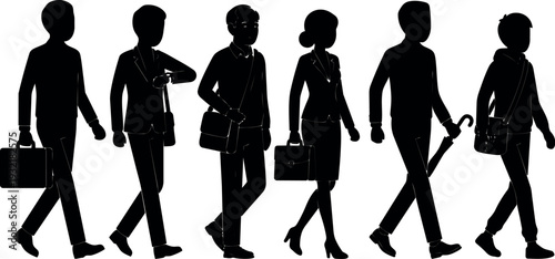 Silhouette vector flat design side view business people walking carrying briefcases commuting city street profile low contrast black minimalist icons