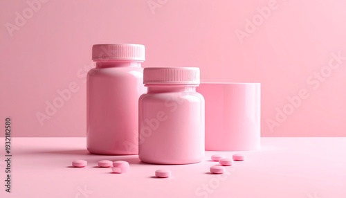 Pink medicine bottles and pills arranged on a matching background with a cylinder