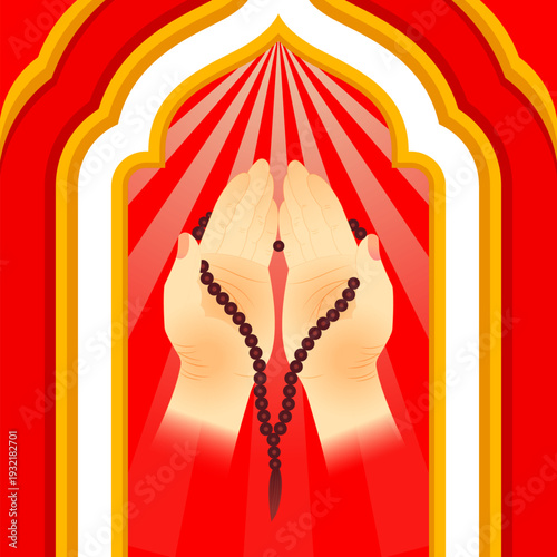 Hands Praying with Tasbih Beads in Ornate Arch