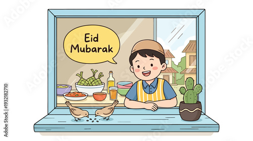 Smiling Muslim Boy Celebrating Eid Mubarak with Festive Food on Window Sill