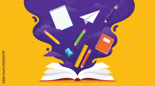 Educational School Supplies Flying Out of an Open Book Flat Design