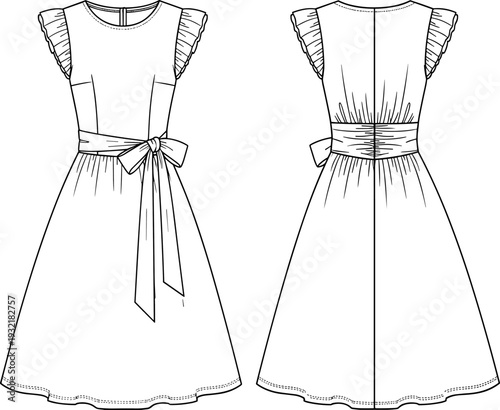 Women's fashion flat technical drawing template of a flared midi dress with flutter sleeves, wide bow belt, and full back zip, vector illustration.