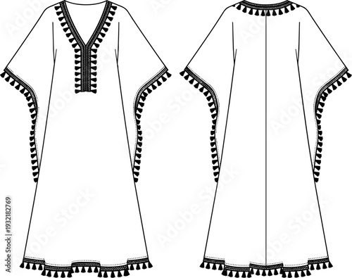 Women's fashion flat technical drawing template of a wide caftan dress with V-neck, tassel trim on sleeves, hemline, and neckline, vector illustration.
