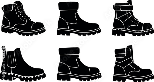 Flat design boot icon set six hiking work combat ankle and chelsea boot silhouettes side view black isolated
