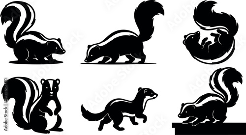 Silhouette vector set of six skunk poses side view sitting running curled tail playful design for logo and pattern branding